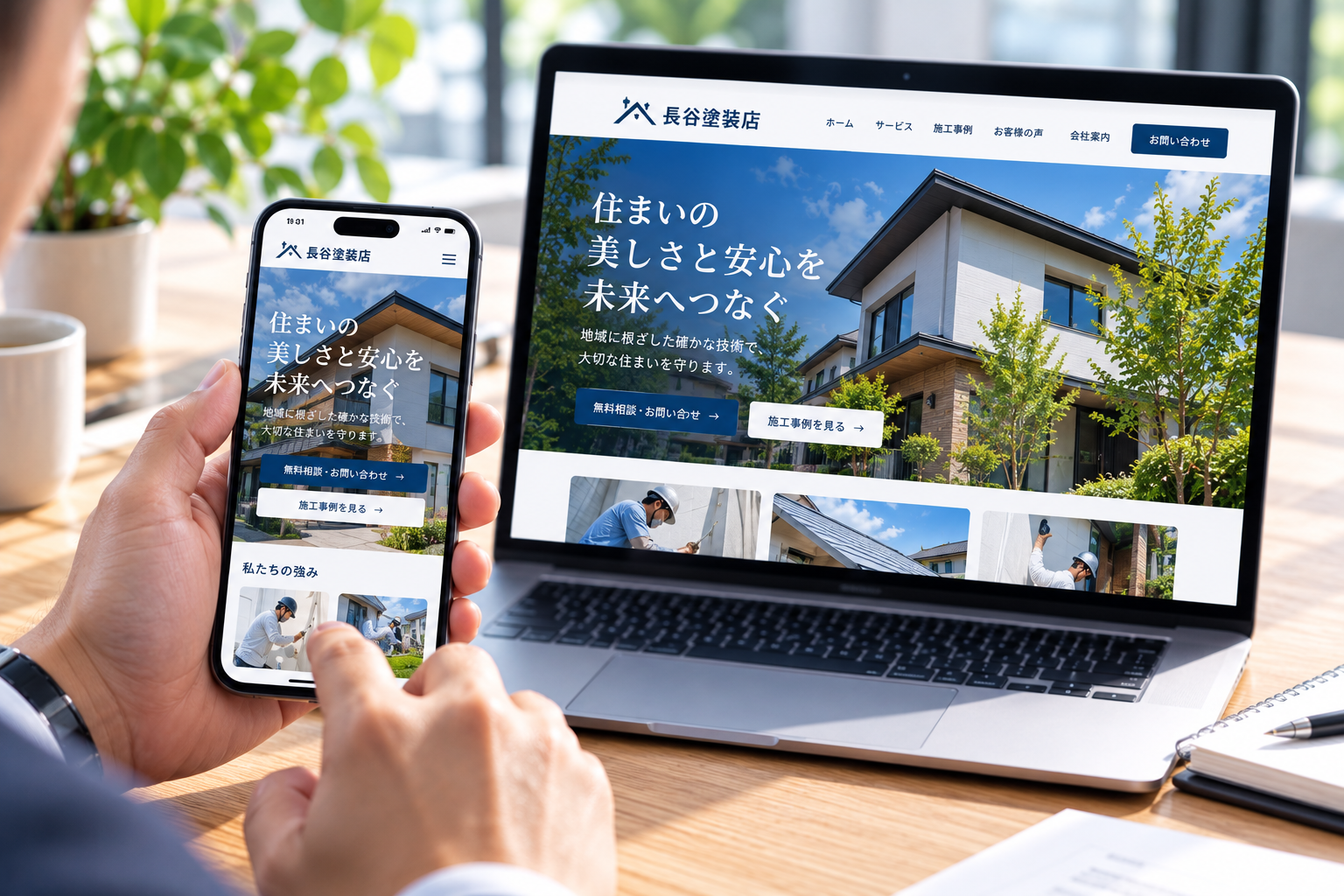 PCとスマートフォンに表示された完成ホームページ